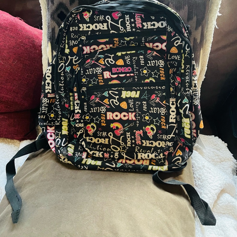 Bongo rock and roll pattern backpack with 3 front zipper compartments